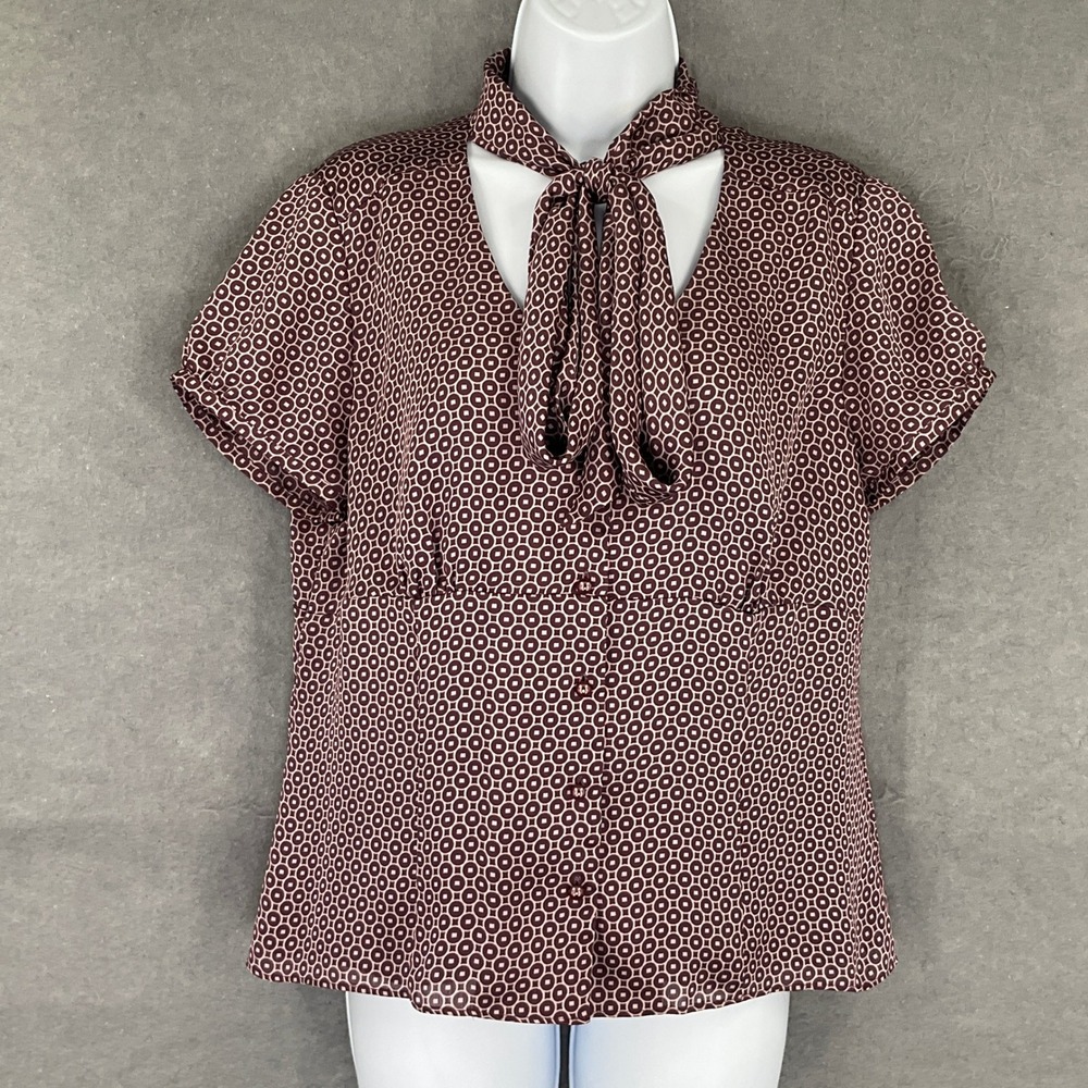 Ann Taylor LOFT Burgundy Geometric Print Tie Neck Blouse 14 Office Romantic